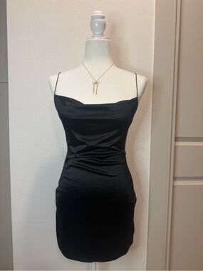 Black Satin Cowl Neck Mini Slip Dress Side Slit Spaghetti Strap Size Small